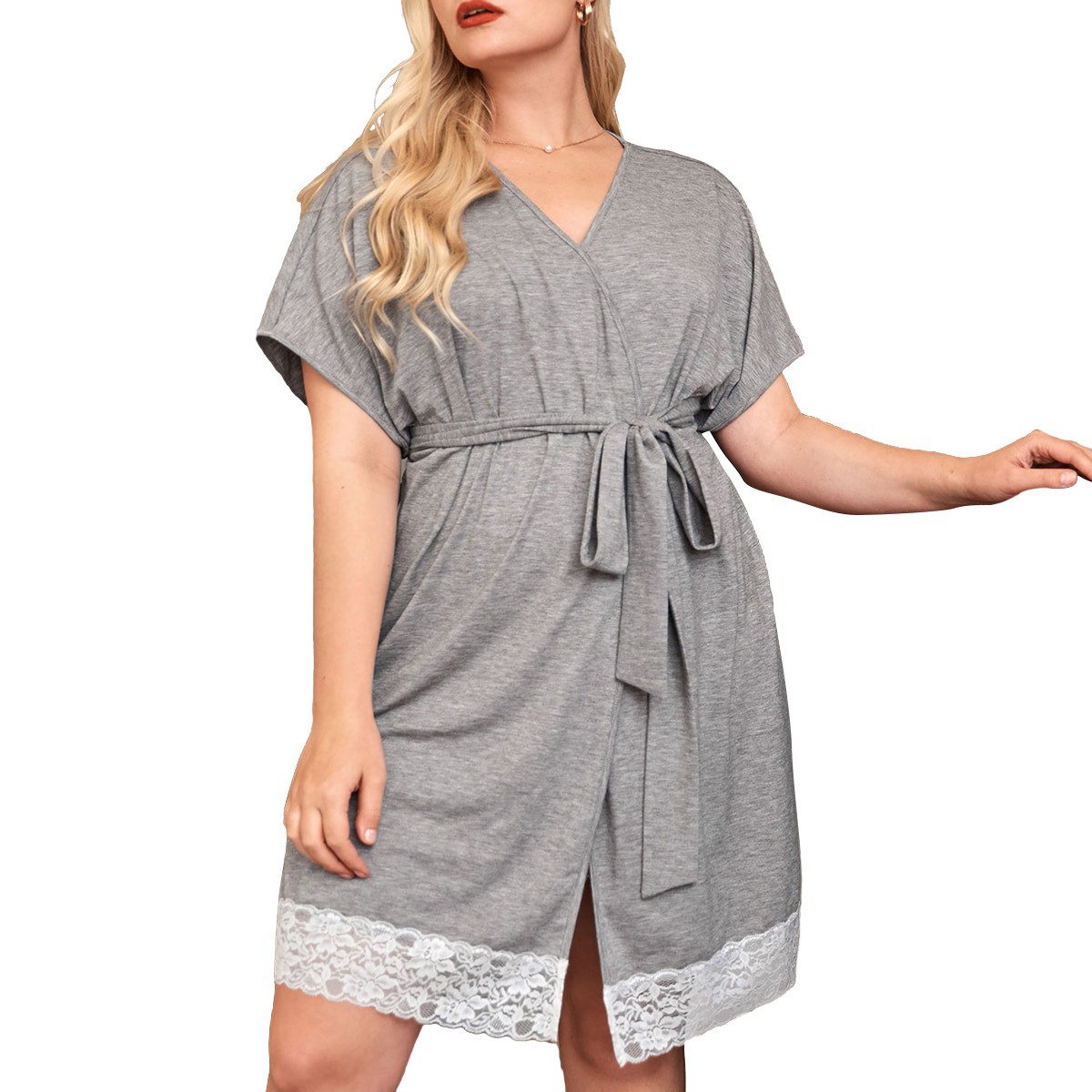 Lace Hem Short Robe in Light Gray, photo 2